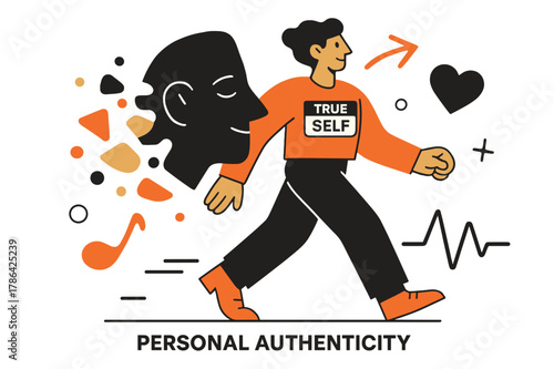 Unmasking True Self. Personal authenticity. A figure steps out from a mask that dissolves into shapes; ?True self? glows on a simple name tag. Heartbeat lines