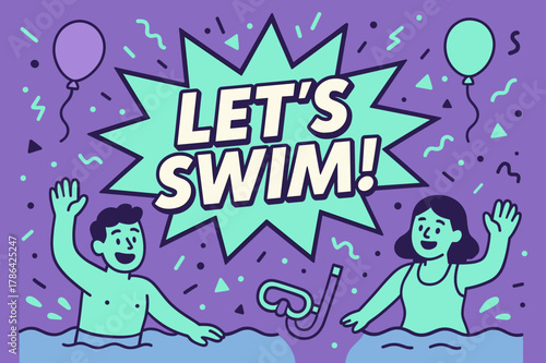 Comic Burst Adventure. Explore below banner, flat vector illustration, bold oversized text inside comic burst, cartoon characters swimming and waving, balloons
