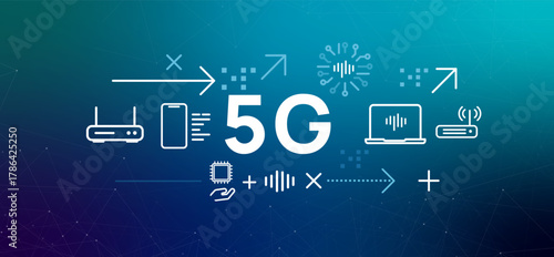 5G wireless network technology concept banner icons connected devices router smartphone laptop high speed data transmission future of global mobile communication