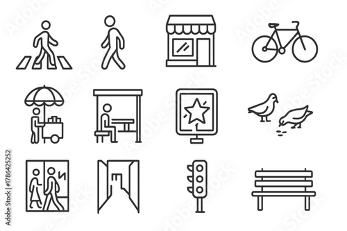 Street Icon Set. Street Photography. Line icon set of Street Photography: crosswalk, passerby, storefront, bicycle, street vendor, bus stop, neon sign,