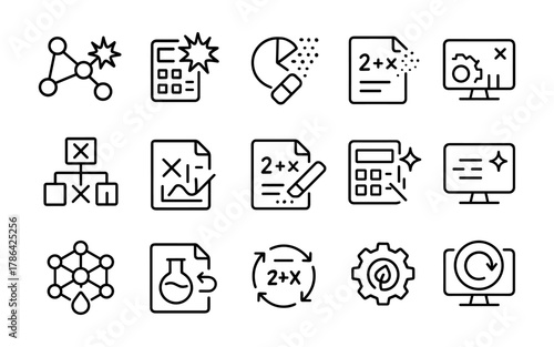 Mathematics and data analysis icons in minimalist linear style