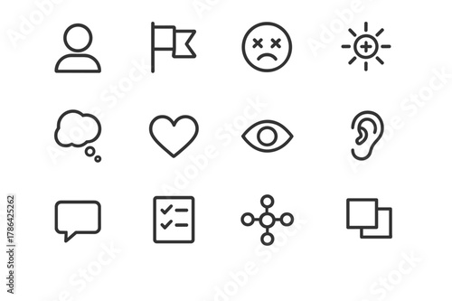 Empathy Mapping Icons. Empathy Mapping. Line icon set of Empathy Mapping: user persona, goals flag, pains icon, gains icon, think bubble, feel heart, see eye,
