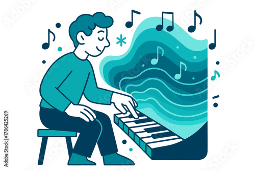 Melodic Flow Artistry. Piano Sound Check. A person presses piano keys while glowing sound waves ripple upward;