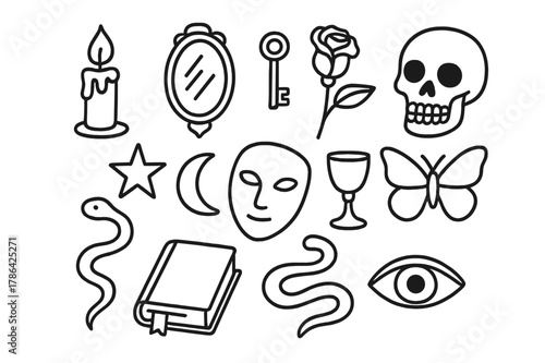 Symbolic Doodle Icons. Symbolism and imagery. Hand-drawn doodle illustration Symbolism and imagery candle, mirror, key, rose, skull, butterfly, star, moon,