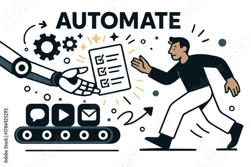 AI-Powered Automation. AI-powered automation. Robotic hands pass a glowing checklist to a human; gears become sparks that form stars. ?Automate? hovers above a