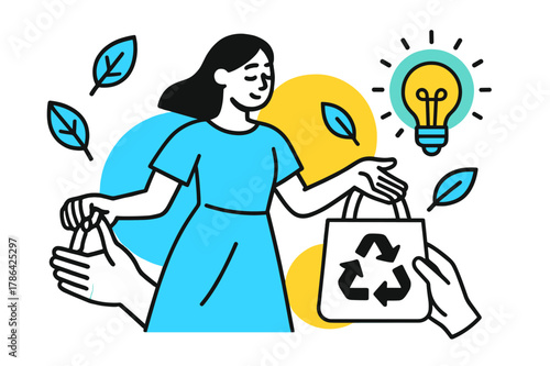 Eco-Conscious Fashion. Sustainable fashion and eco-friendly clothing. Floating leaves, hands holding a recyclable shopping bag, a lightbulb glowing with a
