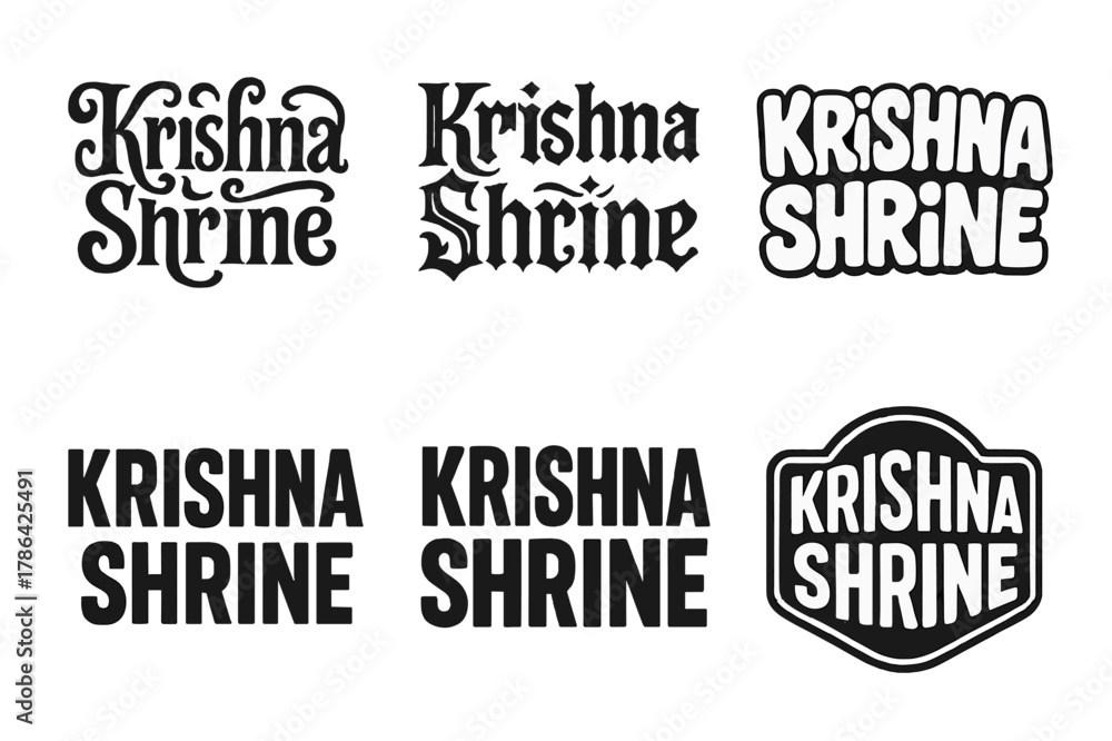 Fototapeta premium Krishna Shrine Lettering Grid. Krishna Shrine. Set lettering. harmonious lettering variations of the same emblematic concept, each with different artistic