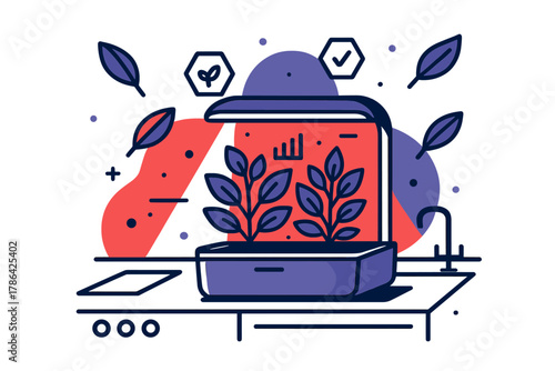 Smart Herb Garden. Compact Urban Garden. A kitchen countertop features a smart herb box; glowing icons