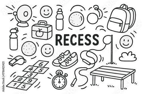 School Recess Icons. School recess. Hand-drawn doodle illustration school recess bell icon, backpack, lunchbox, water bottle, kickball, jump rope, tetherball