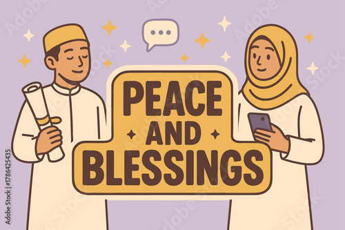 Peaceful Celebration Banner. Peace and Blessings (Salaam) banner, flat vector illustration, bold oversized text inside sticker outline, cartoon characters