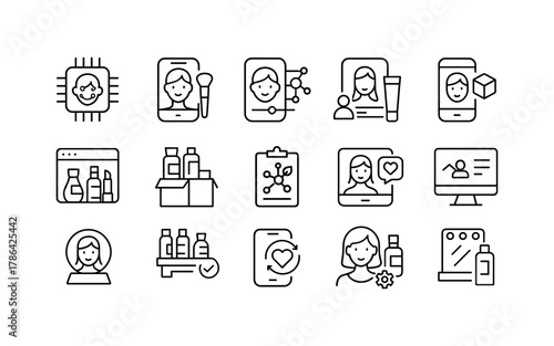Beauty and technology icons set featuring skincare, makeup, and digital interfaces