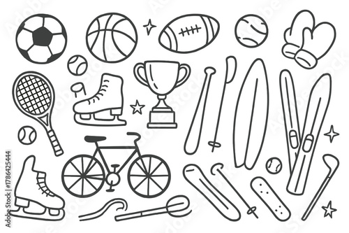 Sporting Equipment Doodles. Sport. Hand-drawn doodle illustration Sport soccer balls, basketballs, footballs, tennis rackets, bikes, skates, surfboards, skis,