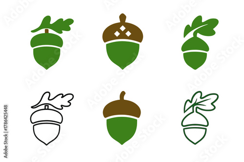 Acorn Logo Variations. Nut gathering. Set Logo of Nut gathering: acorn with oak leaf. harmonious logo variations of the same emblematic concept, each with