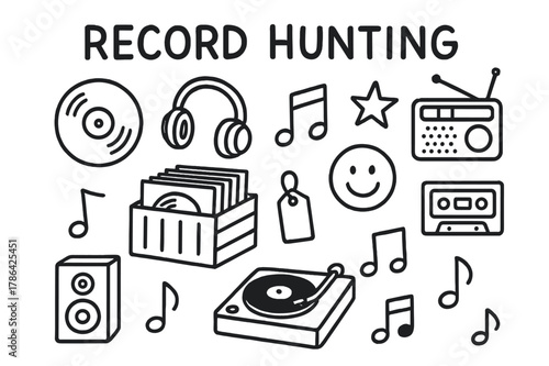 Vinyl Record Adventure. Record hunting. Hand-drawn doodle illustration record hunting vinyl, record player, headphones, note symbol, crate of records, star,