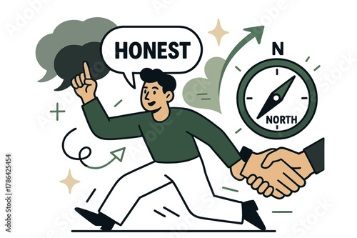 Navigating with Honesty. Ethical truth-telling. A character offers a speech bubble with a visible core labeled ?Honest?; shadow speech bubbles fade behind. A