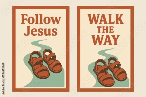 Follow Jesus Banners. Discipleship. Two vertical A6 banners with safe margins, centered composition, no elements touching edges, retro, terracotta and mint,