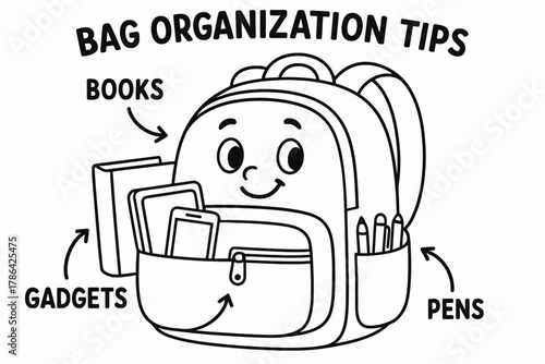 Organized Bag Coloring Page. Bag organization tips children?s coloring book illustration, outlined drawing,