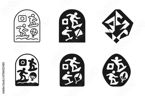Extreme Sports Logos. Unusual hobbies and extreme sports. Set Logo of Unusual hobbies and extreme sports: adventure badge with mixed icons. harmonious logo