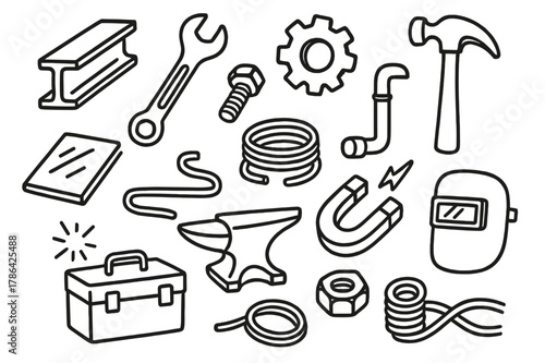 Metal Tool Doodles. Metal. Hand-drawn doodle illustration metal steel beam, wrench, bolt, nut, gear, hammer, sheet, wire, pipe, anvil, magnet, sparks, toolbox,