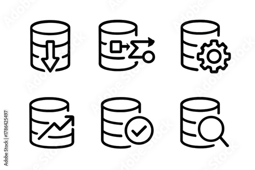 Optimized Query Logos. Database Query Optimization. Set Logo of Optimized Query: Minimal outline, Negative space, Flat solid, Symmetrical form, Stylized