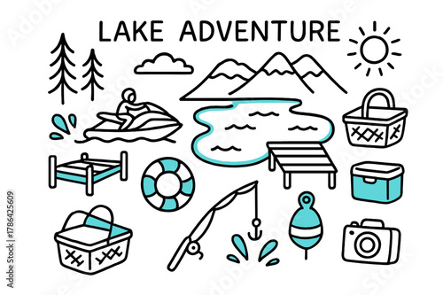 Lake Adventure Doodle. // Lake adventure. Hand-drawn doodle illustration Lake adventure [jet ski, lake outline (accented), pine trees, dock (accented), life