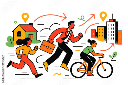 Dynamic Urban Commuters. Urban employment hubs. Workers commuting from residential areas to business districts