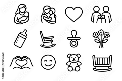 Mom's Love Icons. Mom?s affection. Line icon set of mom?s affection: mother holding baby, hug, heart, family, baby bottle, rocking chair, pacifier, flowers,