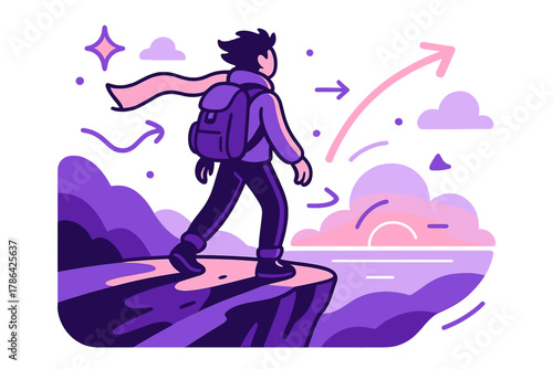 Journey at Windy Cliff. Adventure solitude. Lone traveler standing at cliff edge with scarf flowing in wind;