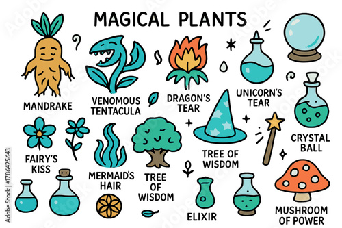 Enchanting Magical Plants. Magical plants. Hand-drawn doodle illustration magical plants colored mandrake, colored venomous tentacula, colored dragon's breath,