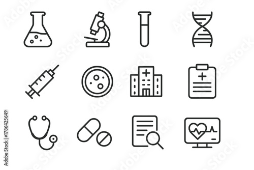 Laboratory Icon Set. Laboratory breakthroughs. Line outline icon set of laboratory breakthroughs: laboratory