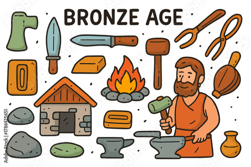 Bronze Age Tool Icons. Bronze Age tools. Colorful Hand-drawn doodle Children illustration Bronze Age tools axe head, knife blade, spear point, hammer, tongs,