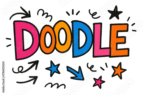 Playful Doodle Design. Doodle Sketch with playful hand-drawn letters, rough sketch outlines, arrows, stars, casual youthful layout, colored lettering, #