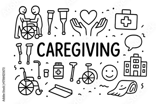 Caregiving Doodle Illustration. Caregiving. Hand-drawn doodle illustration of caregiving and support for
