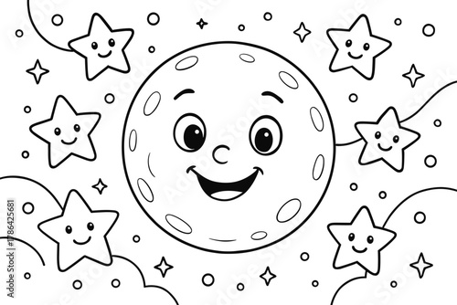 Colorful Moon Smiles. Full moon children?s coloring book illustration, outlined drawing, smiling full moon