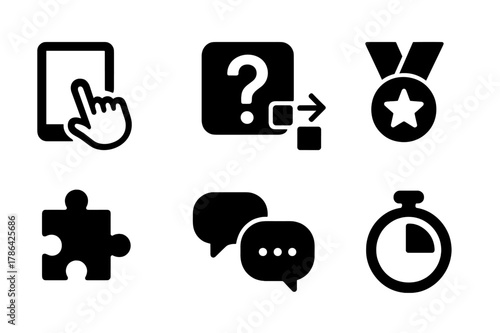 Interactive Learning Icons. Interactive learning. Filled icon set of interactive learning: touch screen, quiz