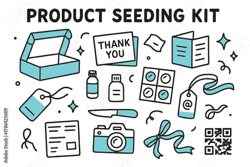 Product Seeding Essentials. // Product seeding kit. Hand-drawn doodle illustration product seeding kit [mailer box (accented), tissue paper, thank-you card