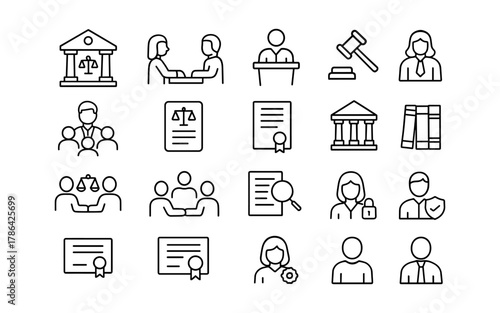 Legal icons set featuring courtroom, documents, and attorney elements in linear style