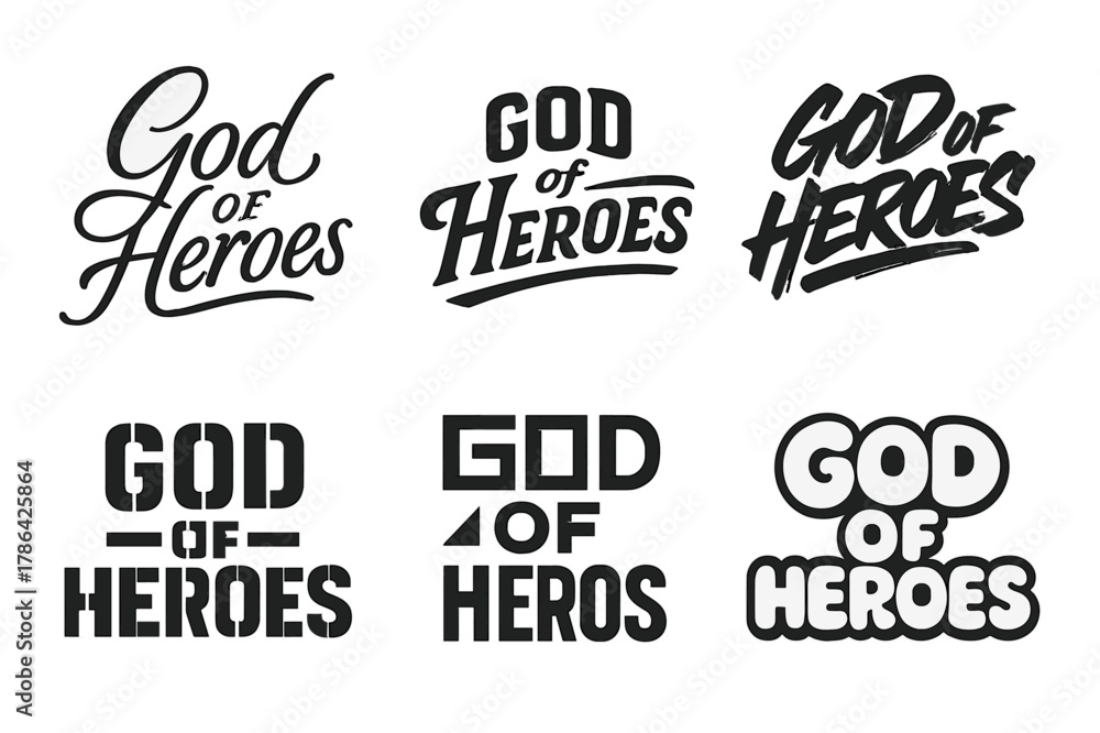 Naklejka premium Diverse Lettering Styles. God of Heroes. Set lettering. harmonious lettering variations of the same emblematic concept (Elegant script with flowing curves,
