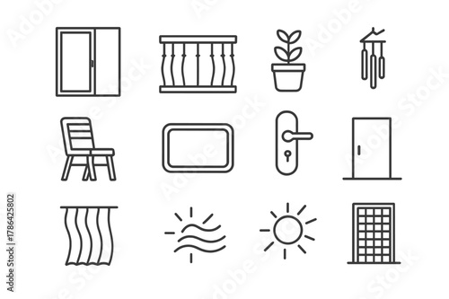 Balcony and Terrace Icons. Balcony and Terrace. Line icon set of Balcony and Terrace: sliding door open, railings, potted plant, outdoor chair, doormat, wind