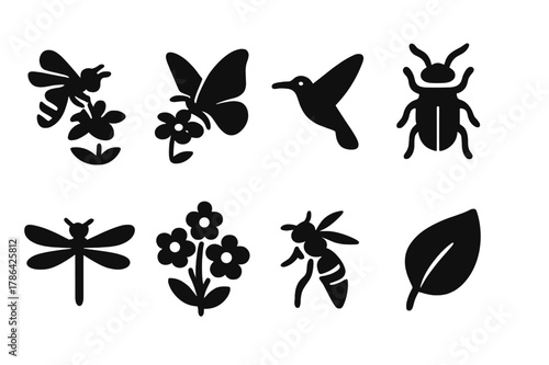 Pollinator Icon Set. Pollinators and plants. Filled icon set of pollinators and plants: honeybee on flower,