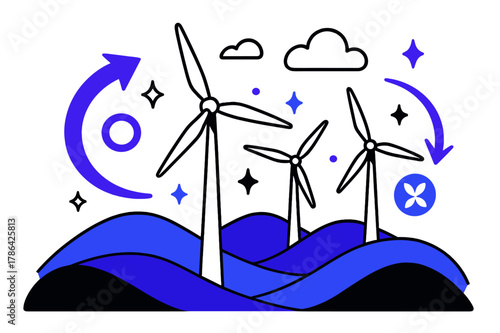 Renewable Energy Landscape. Rolling hills. Wind turbines on rolling hills with abstract floating arrows, clouds, and sparkles; conveys renewable energy,