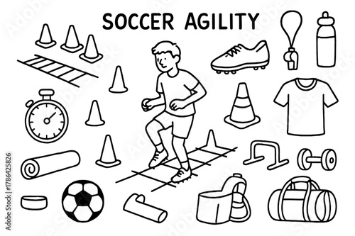 Soccer Training Doodle. Soccer Agility. Hand-drawn doodle illustration Soccer Agility player, agility ladder, cones, sneakers, soccer ball, trainer, water