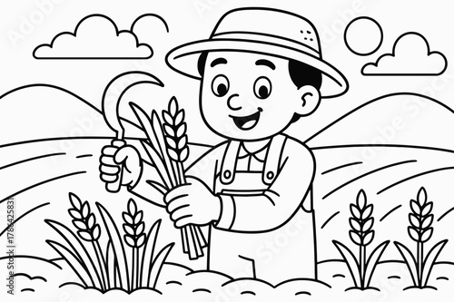 Farmer Harvesting Coloring Page. Farming children?s coloring book illustration, outlined drawing, a farmer harvesting crops, educational design for kids, clear