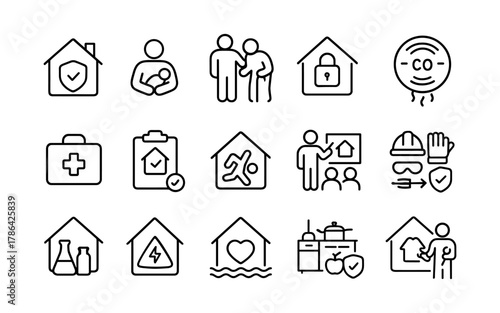 Home safety icons for family protection and emergency preparedness