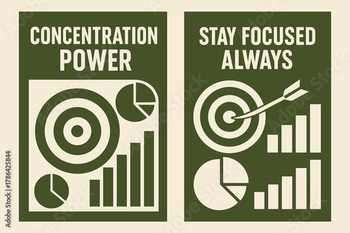 Concentration Power Banners. Concentration power. Two vertical A6 banners with safe margins, centered composition, no elements touching edges, geometric, olive
