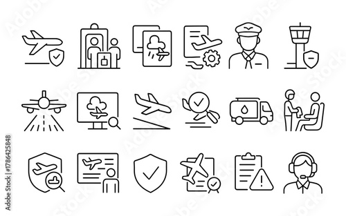 Linear aviation and travel icons with airplane, pilot, security symbols for modern design