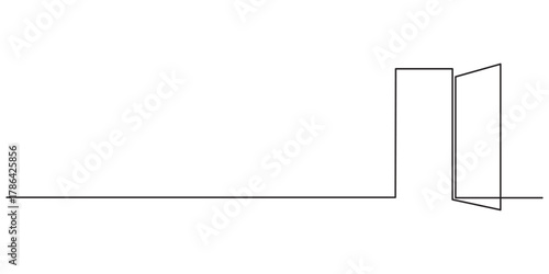 Open door single line drawing minimalist illustration, Open door with one continuous line . Single line editable drawing of office entrance. Vector illustration