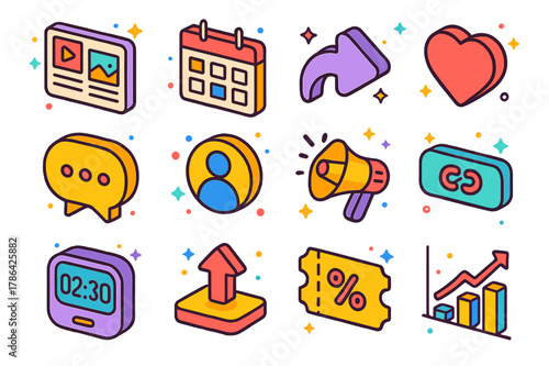 Colorful Social Icons. Social media event promotion. Colorful isometric vector icons set of Social media event promotion: campaign storyboard card, scheduled