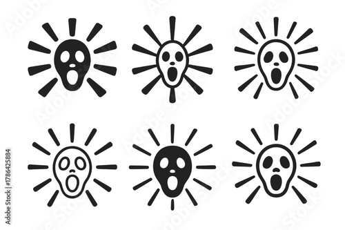 Logo Variations Grid. Jump scare. Set Logo of Jump scare: burst lines behind face. harmonious logo variations of the same emblematic concept, each with
