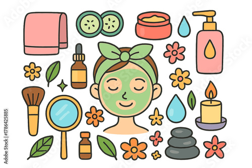 Skincare Doodle Icons. skincare routine. Colorful Hand-drawn doodle Children illustration skincare routine face mask, cucumber slices, headband, towel, cream